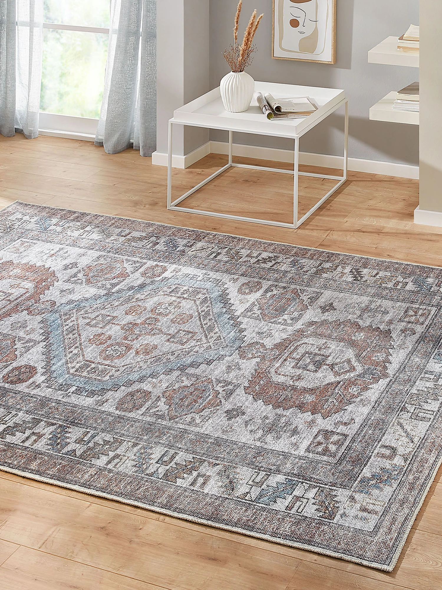 Vintage-Teppich, Blau Vintage-Teppich, Blau -Einrichtungsgegenstände Geschäft Jampur VintageTeppich Grau Blau 160x230 mil